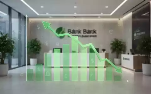 Eine stilisierte, grün getönte Balkengrafik mit Abwärtstrend, überlagert von Finanzsymbolen, vor dem Hintergrund einer modernen Banklobby. - Foto: über boerse-global.de