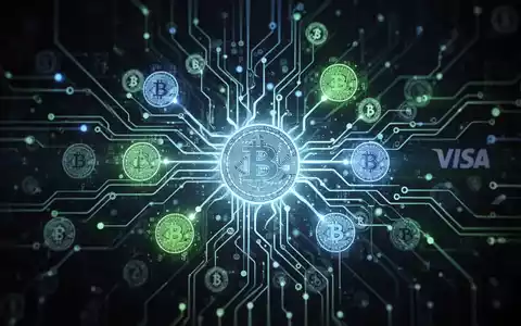 A glowing neural network with digital currency symbols and a subtle Visa logo, representing AI and programmable money infrastructure. - Foto: über boerse-global.de
