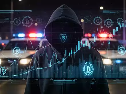 A shadowy figure in a hoodie stands before a screen showing cryptocurrency data, with subtle police lights in the background. - Foto: über boerse-global.de