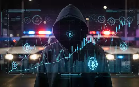 A shadowy figure in a hoodie stands before a screen showing cryptocurrency data, with subtle police lights in the background. - Foto: über boerse-global.de