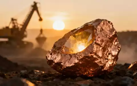 Nahaufnahme eines glänzenden Kupfererzbrockens mit einem sanften inneren Leuchten, im Hintergrund verschwommene Bergbauausrüstung. - Foto: über boerse-global.de