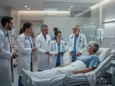 Ärzte und Pflegepersonal beraten einen Patienten in einem modernen Klinikzimmer, das Fortschritte in der Schmerztherapie symbolisiert. - Foto: über boerse-global.de