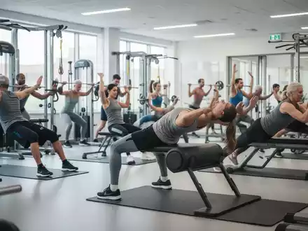 Eine vielfältige Gruppe von Menschen, die Rücken- und Rumpfübungen in einer modernen Fitnessumgebung durchführen. - Foto: über boerse-global.de