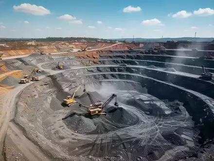 Luftaufnahme einer offenen Mine mit Bergbaumaschinen und großen Mineralvorkommen. Eine weite, zerklüftete Landschaft. - Foto: über boerse-global.de