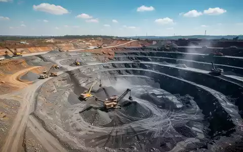 Luftaufnahme einer offenen Mine mit Bergbaumaschinen und großen Mineralvorkommen. Eine weite, zerklüftete Landschaft. - Foto: über boerse-global.de