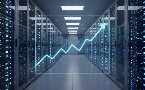 Ein modernes Rechenzentrum mit leuchtenden Servern und einer dezenten, aufwärts gerichteten Grafik, die Wachstum symbolisiert. - Foto: über boerse-global.de