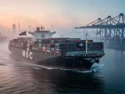 Ein großes Containerschiff unter MSC-Flagge fährt bei Sonnenaufgang in den Hamburger Hafen ein, mit Kränen im Hintergrund. - Foto: über boerse-global.de