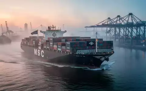 Ein großes Containerschiff unter MSC-Flagge fährt bei Sonnenaufgang in den Hamburger Hafen ein, mit Kränen im Hintergrund. - Foto: über boerse-global.de
