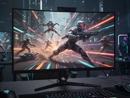 Close-up of a modern gaming monitor displaying a vibrant, high-speed action game, highlighting its crisp display. - Foto: über boerse-global.de