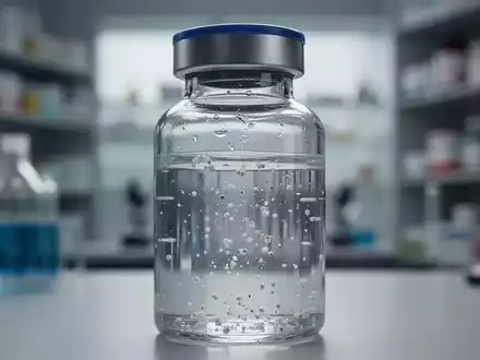 Nahaufnahme einer Medikamentenflasche mit feinen, unlöslichen Partikeln in einer Flüssigkeit, im Hintergrund eine Apotheke. - Foto: über boerse-global.de