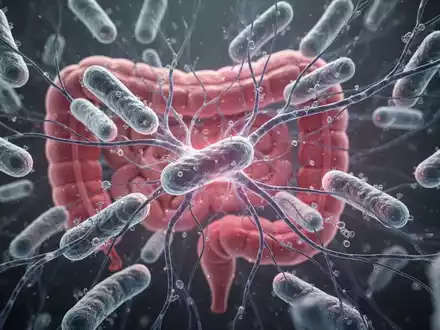 Mikroskopische Ansicht von Darmbakterien und Neuronen, die die Verbindung zwischen Mikrobiom und Gehirngesundheit symbolisiert. - Foto: über boerse-global.de