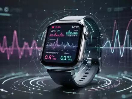 Eine Nahaufnahme einer modernen Smartwatch, die digitale Gesundheitsdaten anzeigt, mit einem verschwommenen Hintergrund aus Technologie- und Gesundheitsgrafiken. - Foto: über boerse-global.de