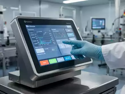 Nahaufnahme einer modernen Industriewaage mit großem Touchscreen, der Daten anzeigt, und einer Hand, die den Bildschirm bedient. - Foto: über boerse-global.de