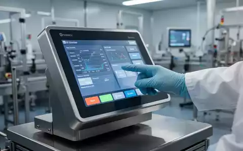 Nahaufnahme einer modernen Industriewaage mit großem Touchscreen, der Daten anzeigt, und einer Hand, die den Bildschirm bedient. - Foto: über boerse-global.de