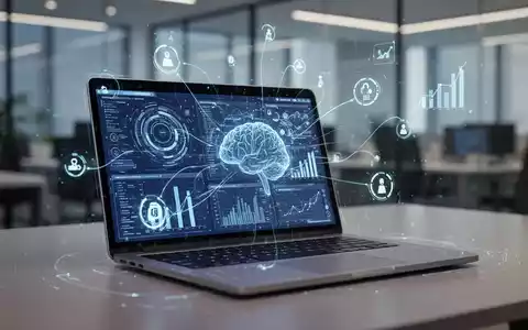 A laptop screen showing an AI-driven interface with data visualizations, surrounded by abstract glowing data points, in a corporate setting. - Foto: über boerse-global.de