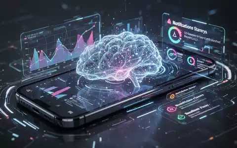 Close-up of a sleek smartphone screen displaying an AI-powered interface with summarized notifications and document analysis tools. - Foto: über boerse-global.de