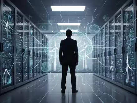 Eine Silhouette eines CEOs vor einem futuristischen, leuchtenden Rechenzentrum mit digitalen KI-Elementen, die technologischen Fortschritt symbolisieren. - Foto: über boerse-global.de