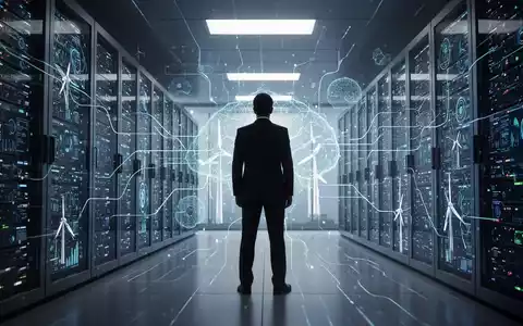 Eine Silhouette eines CEOs vor einem futuristischen, leuchtenden Rechenzentrum mit digitalen KI-Elementen, die technologischen Fortschritt symbolisieren. - Foto: über boerse-global.de