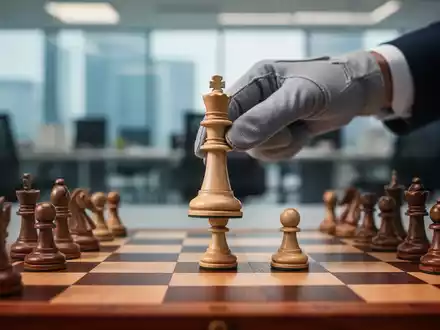 Eine Schachfigur (König) wird von einer Hand auf ein weniger prominentes Feld verschoben, im Hintergrund ein unscharfes Büro. - Foto: über boerse-global.de