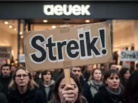 Nahaufnahme eines Protestplakats mit der Aufschrift „Streik!“ in einer Menschenmenge vor einem verschwommenen Einzelhandelsgeschäft. - Foto: über boerse-global.de