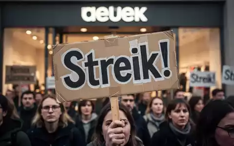 Nahaufnahme eines Protestplakats mit der Aufschrift „Streik!“ in einer Menschenmenge vor einem verschwommenen Einzelhandelsgeschäft. - Foto: über boerse-global.de