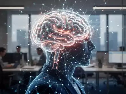 Ein stilisiertes, leuchtendes neuronales Netzwerk, das in eine menschliche Silhouette oder Büroumgebung integriert ist und KI im Personalwesen symbolisiert. - Foto: über boerse-global.de