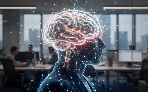 Ein stilisiertes, leuchtendes neuronales Netzwerk, das in eine menschliche Silhouette oder Büroumgebung integriert ist und KI im Personalwesen symbolisiert. - Foto: über boerse-global.de