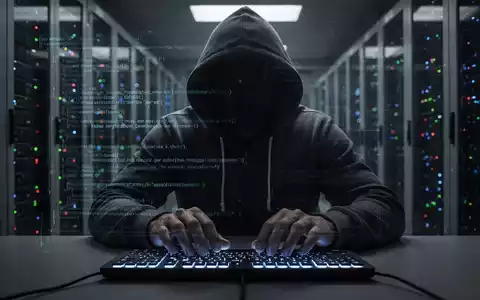 Eine Person in einem Kapuzenpulli tippt auf einer beleuchteten Tastatur, Codezeilen spiegeln sich auf einem Bildschirm. Im Hintergrund ein unscharfer Serverraum. - Foto: über boerse-global.de