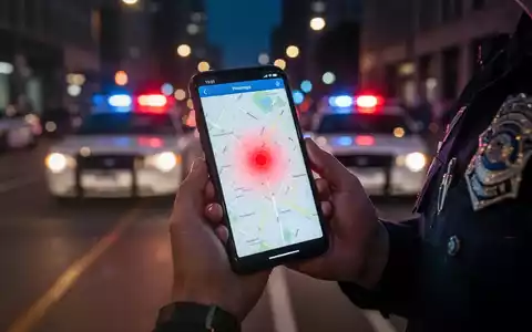 Eine Polizistenhand hält ein Smartphone mit einer Karte, die einen roten Punkt anzeigt, im Hintergrund verschwommene Stadtlichter. - Foto: über boerse-global.de