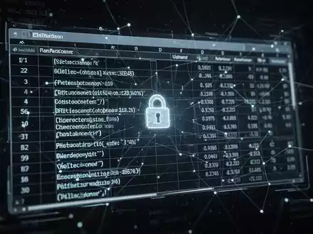 Ein stilisiertes, leuchtendes digitales Tabellenblatt mit kryptischen Befehlen und Daten, überlagert mit Netzwerklinien und einem Schloss-Symbol. - Foto: über boerse-global.de