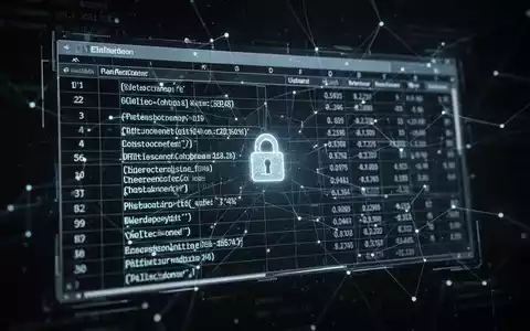 Ein stilisiertes, leuchtendes digitales Tabellenblatt mit kryptischen Befehlen und Daten, überlagert mit Netzwerklinien und einem Schloss-Symbol. - Foto: über boerse-global.de
