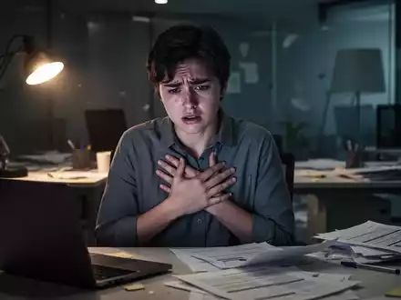 Eine junge, gestresste Person mit der Hand auf der Brust in einem modernen Büro. Betont Erschöpfung und emotionalen Druck. - Foto: über boerse-global.de
