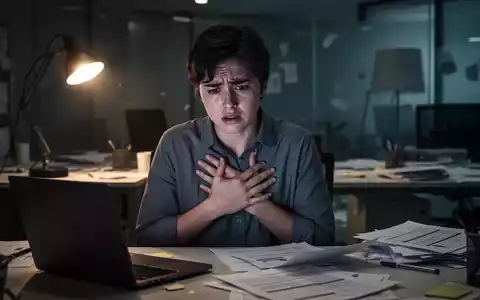 Eine junge, gestresste Person mit der Hand auf der Brust in einem modernen Büro. Betont Erschöpfung und emotionalen Druck. - Foto: über boerse-global.de