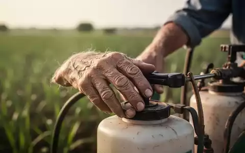 Eine Nahaufnahme einer verwitterten Bauernhand auf einem Pestizidsprühgerät, mit einem unscharfen Feld im Hintergrund. - Foto: über boerse-global.de