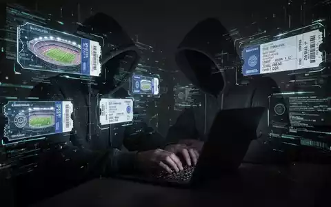 Eine schattenhafte Gestalt vor einem Laptop, umgeben von holografischen Stadiontickets und Datenströmen, die Betrug andeuten. - Foto: über boerse-global.de