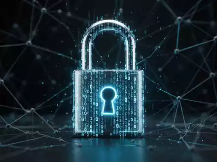 A glowing digital padlock with binary code overlaid, symbolizing cybersecurity and data protection, against a dark, abstract network background. - Foto: über boerse-global.de