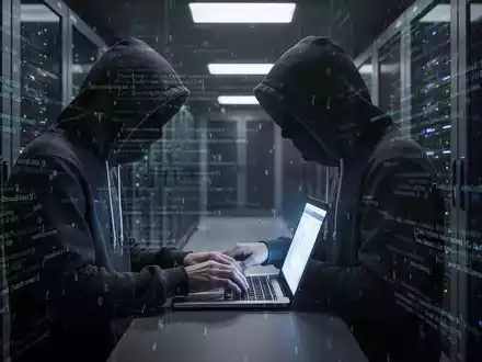 A hooded figure typing on a laptop in a dark server room, with digital code overlaying the scene, representing a cyberattack. - Foto: über boerse-global.de