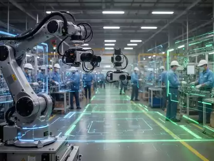Ein Roboterarm mit Kamerasystemen überwacht eine Fabrikhalle, während im Hintergrund Arbeiter sicher arbeiten. Digitale Overlays zeigen Sicherheitszonen. - Foto: über boerse-global.de