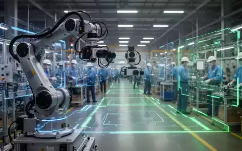 Ein Roboterarm mit Kamerasystemen überwacht eine Fabrikhalle, während im Hintergrund Arbeiter sicher arbeiten. Digitale Overlays zeigen Sicherheitszonen. - Foto: über boerse-global.de