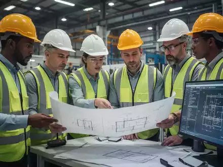 Eine Gruppe von Fachkräften in Schutzkleidung arbeitet in einer modernen Industrieumgebung, bespricht technische Pläne. - Foto: über boerse-global.de