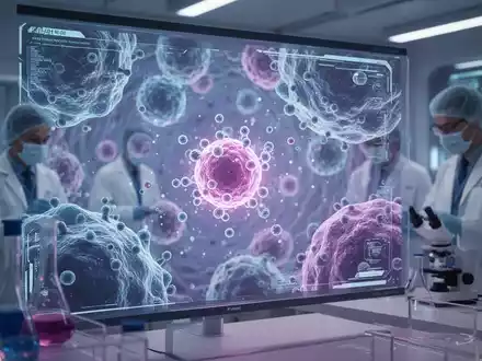 Nahaufnahme von leuchtenden Nanopartikeln, die mit Zellstrukturen auf einem digitalen Bildschirm interagieren, im Hintergrund verschwommenes Labor. - Foto: über boerse-global.de