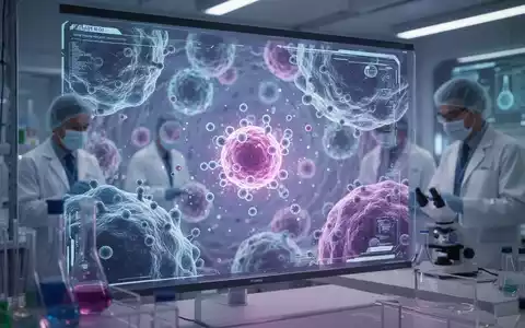 Nahaufnahme von leuchtenden Nanopartikeln, die mit Zellstrukturen auf einem digitalen Bildschirm interagieren, im Hintergrund verschwommenes Labor. - Foto: über boerse-global.de