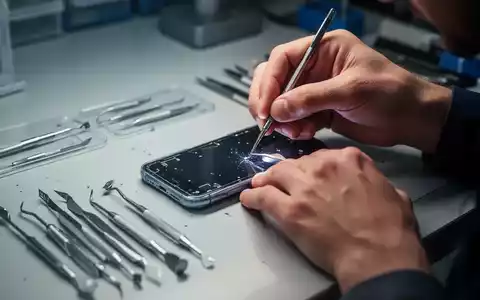 Close-up of hands carefully repairing a smartphone screen with small tools, emphasizing precision and technical work. - Foto: über boerse-global.de