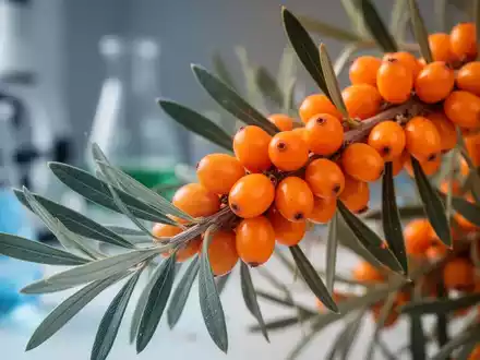 Nahaufnahme von leuchtend orangefarbenen Sanddornbeeren und Blättern, mit einem verschwommenen Hintergrund, der Forschung oder Naturgesundheit andeutet. - Foto: über boerse-global.de