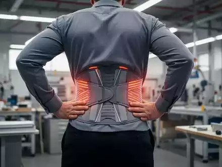 Eine Person trägt einen Rückenstützgürtel unter der Kleidung in einem professionellen Umfeld, der Stabilität und Entlastung symbolisiert. - Foto: über boerse-global.de