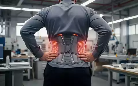 Eine Person trägt einen Rückenstützgürtel unter der Kleidung in einem professionellen Umfeld, der Stabilität und Entlastung symbolisiert. - Foto: über boerse-global.de