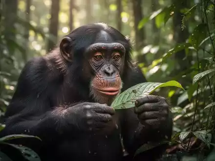 Ein Schimpanse in einem üppigen Regenwald, der ein Blatt sorgfältig untersucht, mit weichem, gefiltertem Sonnenlicht. - Foto: über boerse-global.de