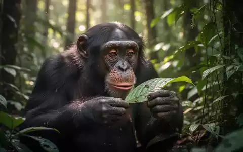 Ein Schimpanse in einem üppigen Regenwald, der ein Blatt sorgfältig untersucht, mit weichem, gefiltertem Sonnenlicht. - Foto: über boerse-global.de