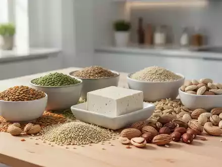 Eine Stillleben-Anordnung von verschiedenen pflanzlichen Proteinquellen wie Linsen, Tofu, Quinoa und Nüssen auf einem Holztisch. - Foto: über boerse-global.de
