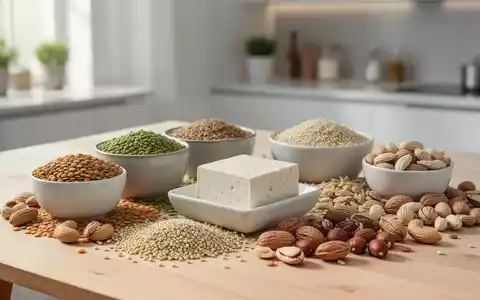 Eine Stillleben-Anordnung von verschiedenen pflanzlichen Proteinquellen wie Linsen, Tofu, Quinoa und Nüssen auf einem Holztisch. - Foto: über boerse-global.de